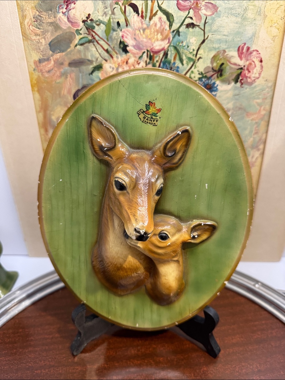 Vintage Favor Ware Banff Canada Chalkware Deer Doe Fawn 3D Plaque MCM